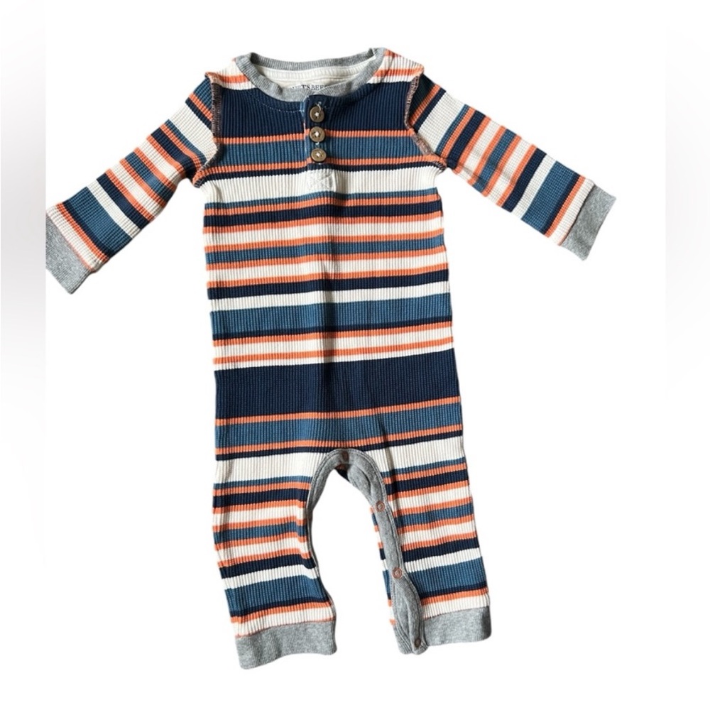 Burt’s Bees Baby Navy, Grey and Orange Striped Thermal Jumpsuit | 0-3M